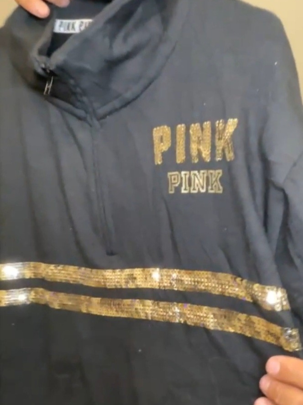PINK Victoria's Secret Black Zip-Up Sweater with Gold Sequin Logo